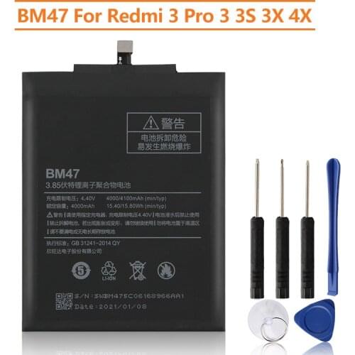 Original Replacement Battery BM47 For Xiaomi Redmi 3 4X 3S 3X Redmi3 Pro Hongmi 3 Redrice 3x Authentic Phone Battery 4000mAh
