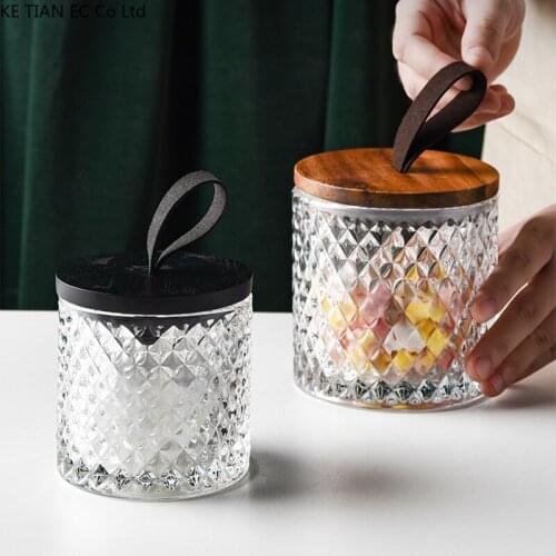European-style Crystal Glass Airtight Jar Embossed Diamond Pattern Cotton Swab Box Coffee Bean Tea Storage Tin Snack Candy Jar