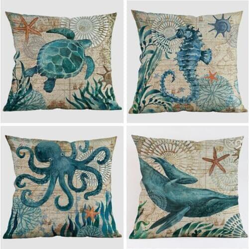 High Quality Cotton Linen Blue Ocean octopus Turtles Little Fish Whale Car Decorative Pillow Case Cushion Cover Sofa Home Decor