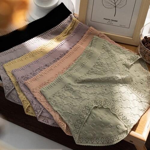 Wasteheart New Women Fashion Yellow Purple Lace Cotton High Waist Panties Underwear Lingerie Women Brief Underpants Plus Size