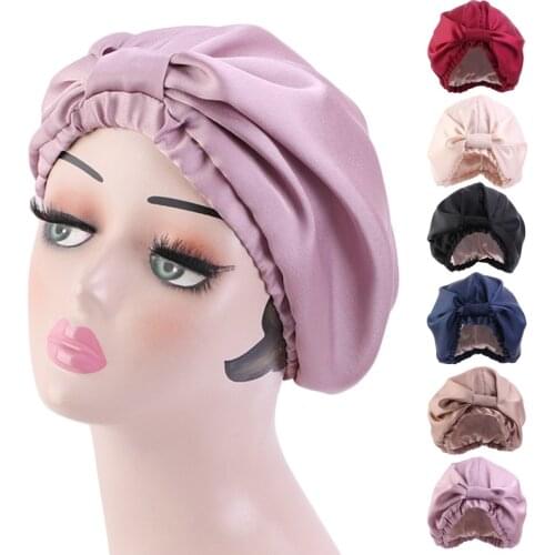 2021 Women Imitation Double Layer Bonnet Sleep Cap Front Knotted Elastic Night Sleeping Turban Hat Hair Cover Beanie Headwrap