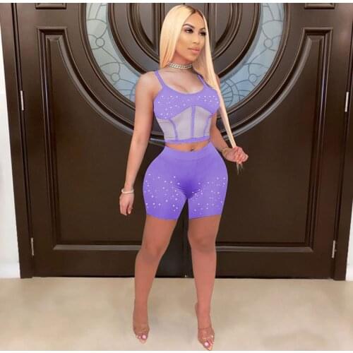 ZKYZWX Rhinestone Two Piece Tracksuits Women Set Splice Mesh Sheer Sleeveless Tank Sexy Biker Shorts Lounge Wear Matching Sets