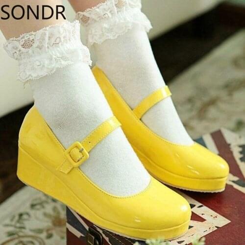 US4-13 Women Lolita Party Buckle Sweet Platform Wedge Heel Mary Jane Ankle Strap Shoes 4Colors Plus Size