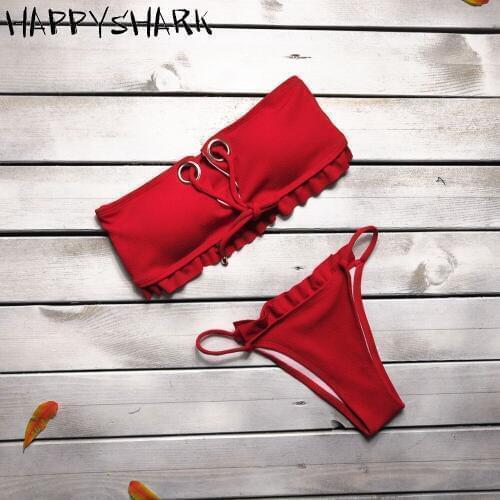 HAPPY SHARK 2019 Women Swimwear Sexy bikini low waist Two Pieces swimwaer solid color lace tied bubbling fabric fold edge ruffle
