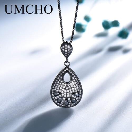 UMCHO Black Gemstone Punk 100% 925 Sterling Silver Drop Girl Pendant Necklace For Women Party Rock Fashion Fine Jewelry