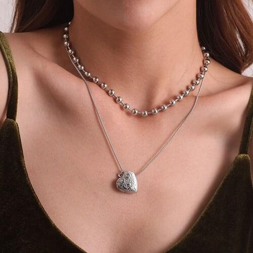 Fashion Temperament Alloy Beads Chains Heart Pendant Necklace Women Vintage Double Layer Geometric Necklace Party Jewelry Kolye