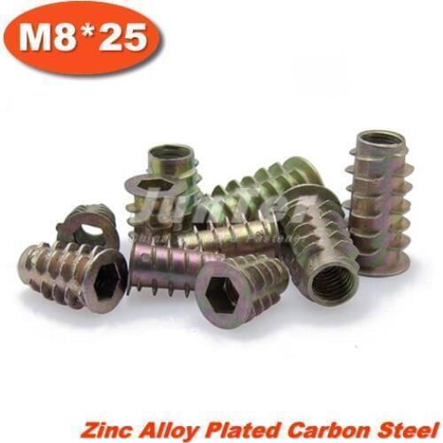100pcs/lot M8*25 Zinc Alloy Furniture Hex Drive Head Nut Threaded For Wood Insert