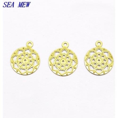 200 PCS 13mm Metal Brass Antique Bronze Silver color Filigree Flowers Slice Pendant Charms DIY Jewelry Accessories