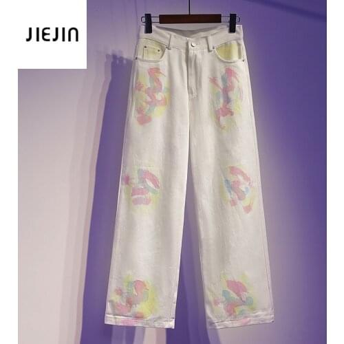 2021 New Tie Dye Whiter Straight Leg Jeans Womens High Waist Vintage Baggy Straight Denim Trouser Wide Leg Pants Plus Size 5XL
