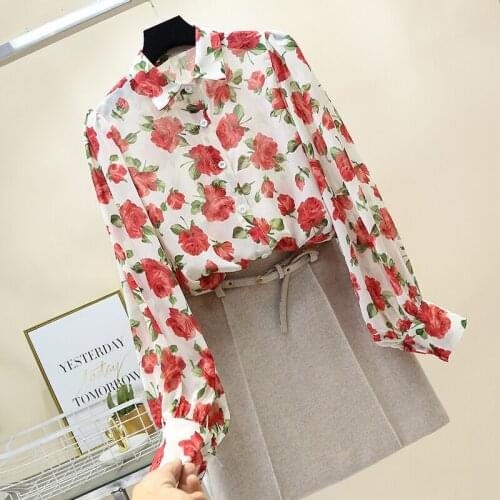 2019 chiffon women blouse and shirts elegant floral printed loose office lady lantern sleeved shirts outwear tops