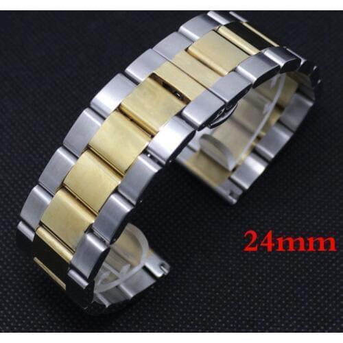 24mm Push Button Hidden Clasp Strap Golden And Silver Stainless Steel Watchbands Straight Bracelet Pulseira De Relogio GD014124