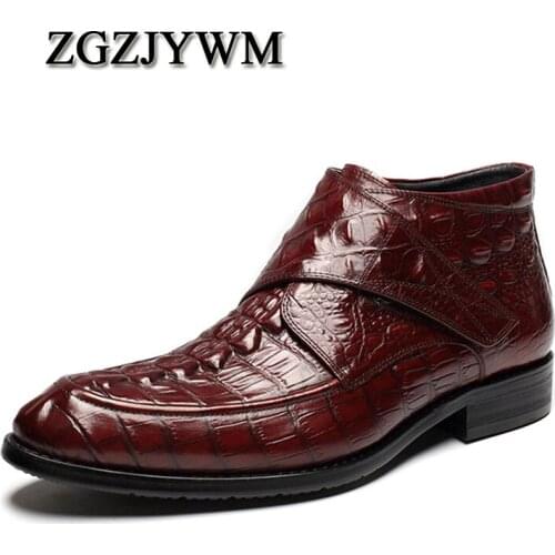 ZGZJYWM Crocodile Pattern Breathable High Quality Genuine Leather Boots Hook & Loop Pointed Toe Oxford Ankle Boots For Men