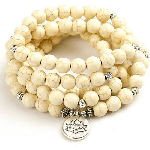 White Howlite Stone Necklace Festival 8mm Beaded Bracelet Women Men Boho Yoga Tree Life Charm Handmade Unisex Jewelry