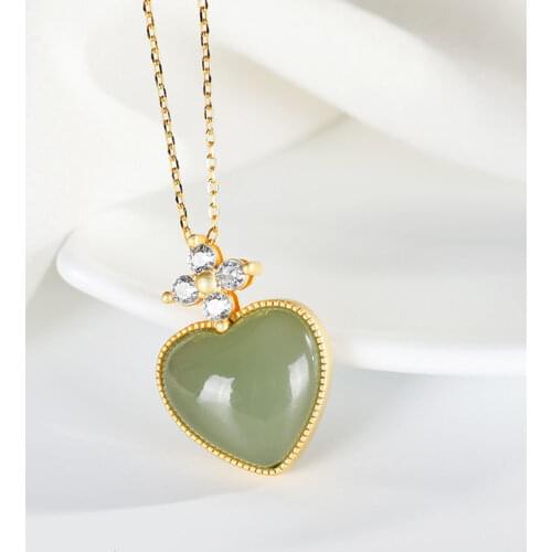 Hetian Gray Jade Simple Delicate Heart Clavicle Chain Sterling Silver Gold-Plated Necklace Fashion Zircon Deep Lovesickness Pend