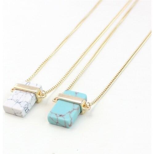 Rectangle Kallaite Natural Stone Pendant Sweater Long Necklaces Geometric Green White Marble Charms Accessories Body Jewelry