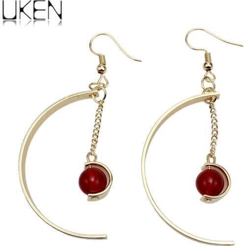 UKEN Brand Simple Design Half Moon Shape Metal Crystal Bead Dangle Earrings For Women Fashion Jewelry Wholesale Gift