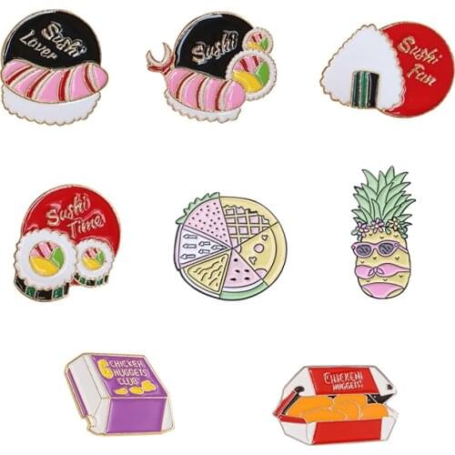 Fruit food Enamel Pin Cartoon Sushi Rice and vegetable roll Pizza chicken Fun Lapel Pin Pineapple sunshine bath in summer Badge