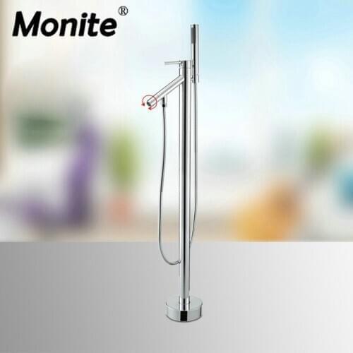 Chrome Polished Swivel & Rotated Spout 2 Functions Floor Standing Bathtub Shower Set Faucets Chrome Rainfall hand Shower