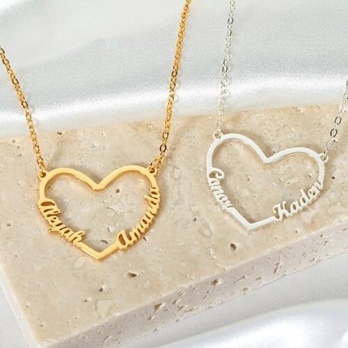 HUHUI Custom Double Names Necklace With Heart Personalized Hollow Pendant Stainless Steel Women Couple Jewelry Anniversary Gift