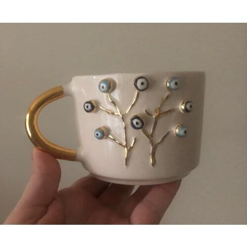 Handmade and Hand painting Ceramic Design authentic evil eye beaded tree of life office water glass tea coffee cup