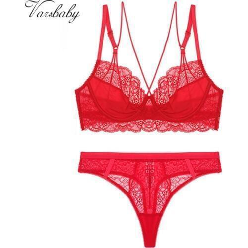 Varsbaby sexy deep V unlined hollow underwear comfortable floral lace thongs bras and panty set