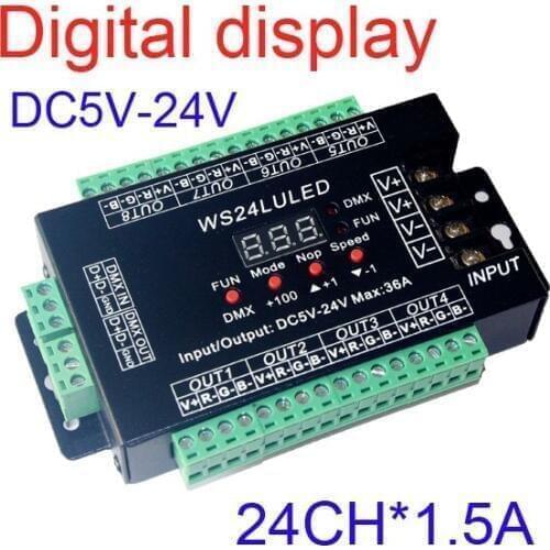 5 pieces free shipping 24 channel DMX512 RGB controller have Digital display 8groups RGB 24CH DMX512 decoder DC5-24V input
