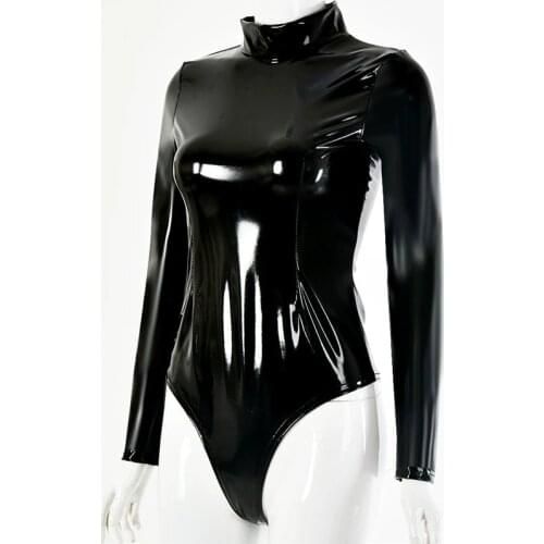 Wetlook Shiny Faux Latex PVC Catsuit High Cut Sexy Long Sleeve Bodysuit Cosplay Swimsuit Turtleneck Skinny Body Sculpting Body
