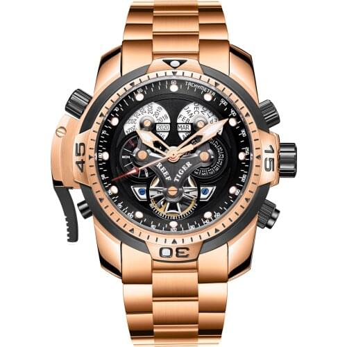Reef Tiger Men Automatic Wrist Watch,Luxury Mens Watches Skeleton Self Wind Mechanical Wristwatch Luminous Sapphire Steel Strap