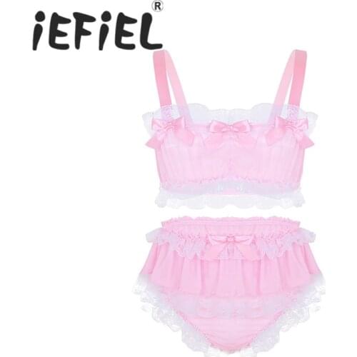 2Pcs Mens Lingerie Set Ruffled Lace Sheer Chiffon Sissy Lingerie Outfits Sleeveless Crop Top with Skirted Petticoated Panties