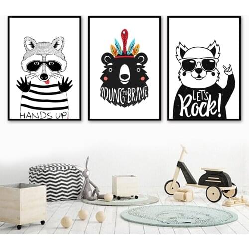 Cute Black White Cartoo Bear Lion Tiger Feather Wall Art Canvas Painting Nordic Posters And Prints Wall Pictures Kids Room Decor