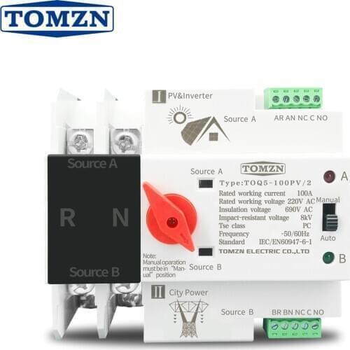 Single Phase Din Rail ATS for PV and inverter Dual Power Automatic Transfer Selector Switches Uninterrupted 2P 63A 100A 125A