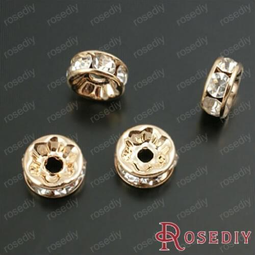Wholesale 8*3.5mm Champagne Gold color Copper Base White Rhinestone Spacer Beads Short Cylinder Diy Findings 20 Pieces(JM6208)