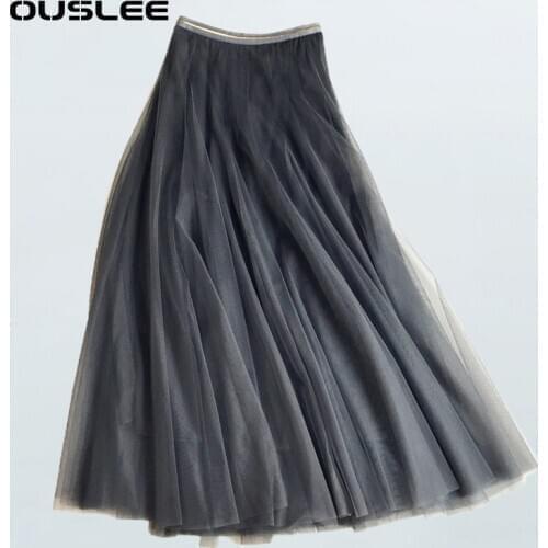 OUSLEE 4 Colors Mesh Tulle Skirts Women Elastic High Waist Tutu Skirt Female Spring Fashion Girls Sweet Lace Pleated Midi Skirts