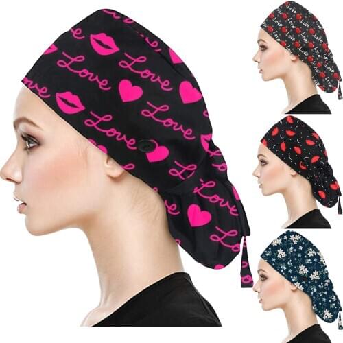 Working Scrub Cap With Buttons Bouffant Heart Pink Lip Cotton Nurse Hat With Sweatband Unisex Scrub Caps Nurse Accessories FL50