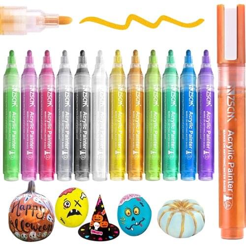 Paint Pens Acrylic Art Markers ZSCM 12 Colors Halloween Pumpkin Painting Metallic Adults Card Making Wood Slices School Supplies