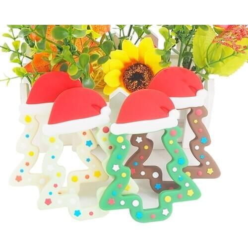 Chenkai 10PCS BPA Free Silicone Christmas Tree Teethers Sensory Chewing Pacifier DIY Baby Necklace Pendant Teething Chewing Toys