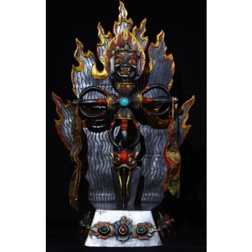 20"Tibet Buddhism Old Tiantie Tracing Skeleton Statue of Mahakala Base set Cross Dorje Vajra Phurpa Town House Exorcism