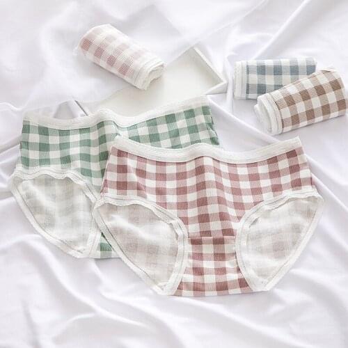 Womens Cotton Panties Girls Lace Soft Underpants Mid Waist Check Briefs Womens Pure Cotton Underwear Female Sexy Lingerie