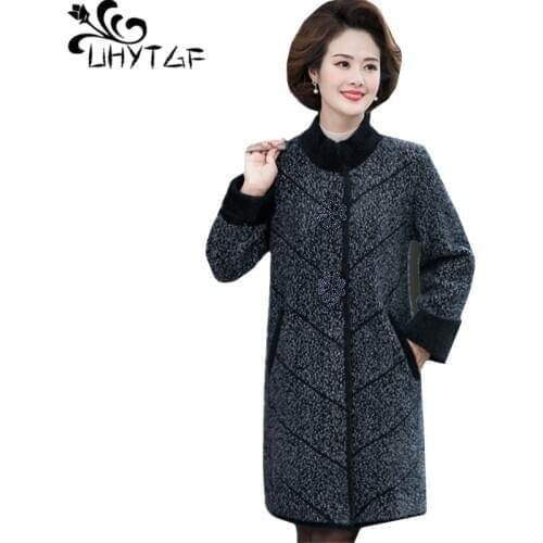 UHYTGF Autumn Winter Coat Women Quality Mink Fleece Casual Female Woolen Jacket Mid-Length Loose 6XL Plus Size Outerwear 1075