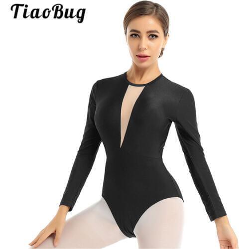 Women Round Neck Long Sleeves Open Back with Twist Straps Gymnastics Leotards Bodysuit Adult Stage Performance Ballet Dancewear