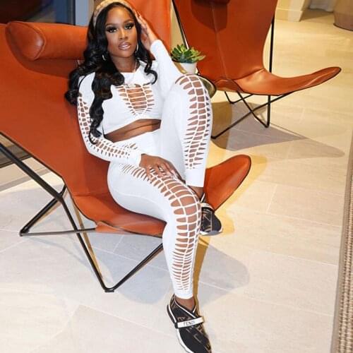 Streetwear Two Peice Set Women Matching Sets Long Sleeve Crop Top Hollow Out Bodycon Leggings Set Club Outfits Casual Tracksuit