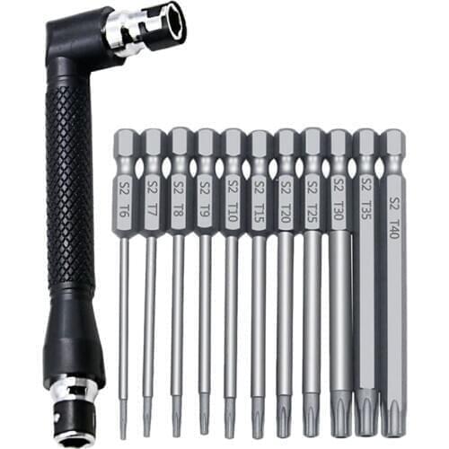 12PCS/Set 1/4 Inch Hex Shank and L Shaped Wrench Set T6-T40 Length S2 Steel Torx Head Screwdriver Drill Set Bits
