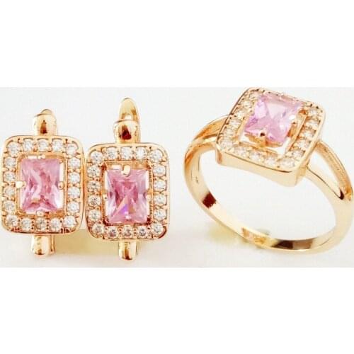 2021 Bohemia New Fashion Jewelry Sets Rose 585 Gold Color Women Jewelry Luxury Pink Cubic Zircon Earring/Ring Jewelry Sets