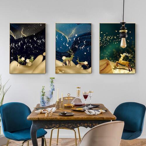 3pcs Abstract Gold Deer Moon Bird tree Landscape Print Canvas Painting Wall Art Picture For Living Room Home Decoration Unframed