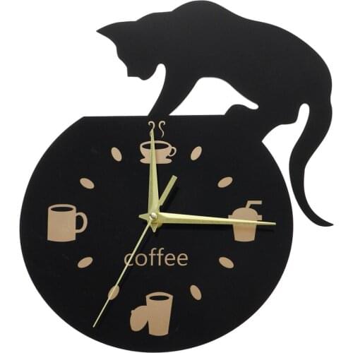 Silent Cartoon Wall Clock Climbing Cat for Drinking Coffee Clock Wall Decoration Cup Coffee Clock