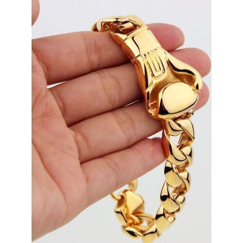 Granny Chic 15MM Wide Gold Boxing Gloves Shape Stainless Steel Bracelet Cut Curb Cuban Link Fashion Mens Chain Jewelry