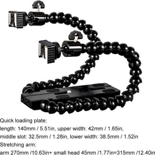Flexible Dual Arm Camera Flash Bracket Holder Two Hot Shoe Mounts Bracket with Ball Head for Speedlite DSLR Macro Shooting