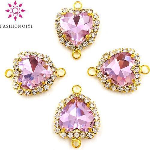 HOT selling 12mm Pink heart shape gold base double loop Crystal button flatback Glass sew on rhinestones diy wedding decoration