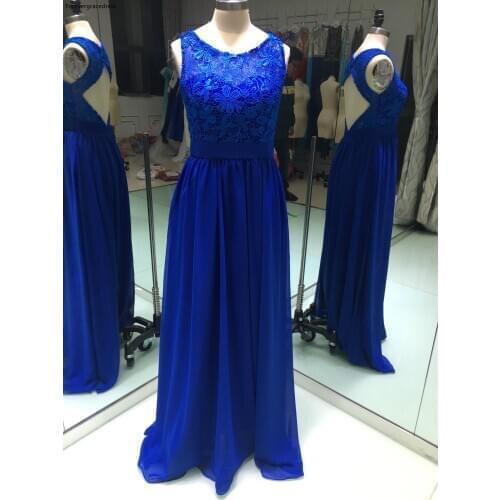 Royal Blue Long Bridesmaid Dress Chiffon Lace Sleeveless Backless Formal Guest Maid of Honor Gown