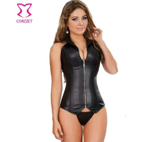 Black Leather Corset Halter Neck Sexy Zipper Corsets & Bustiers Plus Size 6XL Espartilhos E Corpetes For Women Steampunk Korset